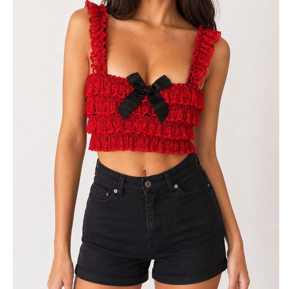 Vintage Red Lace Ruffle Crop Top Size Small